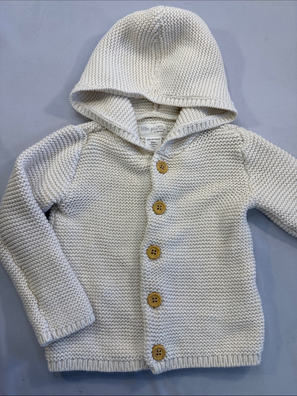 Little Planet organic Cream Hooded Knit Cardigan with Wood Style Buttons
